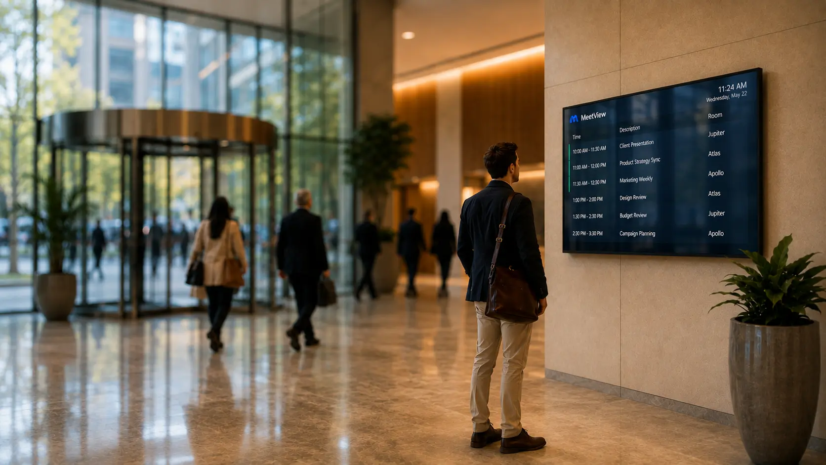 A visitor spotting their meeting and room on a public MeetView screen in a building lobby